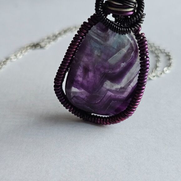 Natural Rainbow Fluorite Wire Wrapped Pendant Necklace, Purple Teal Gemstone - Picture 2 of 7